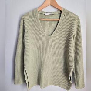 Like New OUI V-Neck Cotton Knit Sweater - Light Sage Green